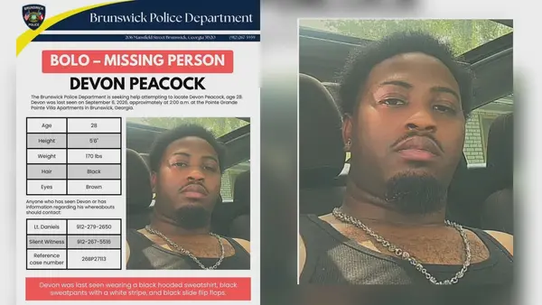 Brunswick Police missing-person flyer showing Devon Peacock, 28