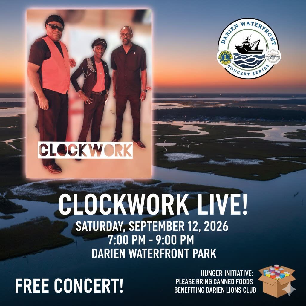 Flyer for the Darien Waterfront Concert Series featuring Clock Work Band