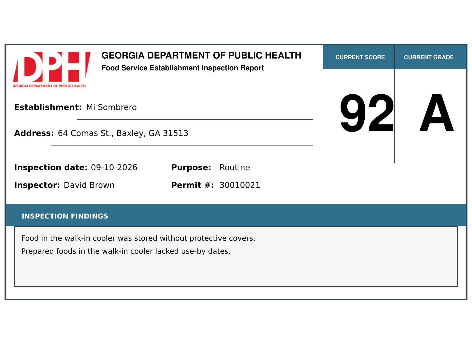 Georgia DPH food service inspection report for Mi Sombrero showing a score of 92.