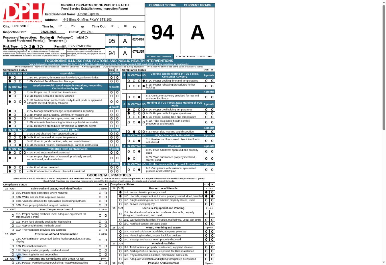 Georgia Department of Public Health inspection report showing Orient Express in Hinesville scored 94 A on August 26, 2026