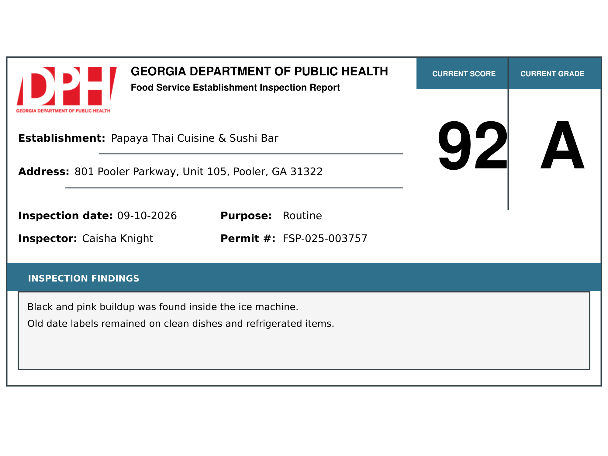 Georgia DPH food service inspection report for Papaya Thai Cuisine and Sushi Bar showing a score of 92.