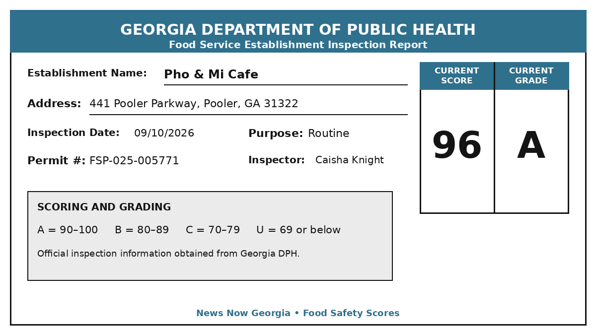 Pho & Mi Cafe inspection report — score 96, grade A