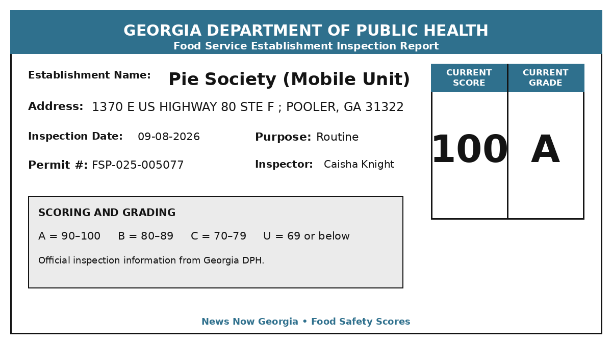 Georgia food safety inspection report for Pie Society (Mobile Unit), score 100 A