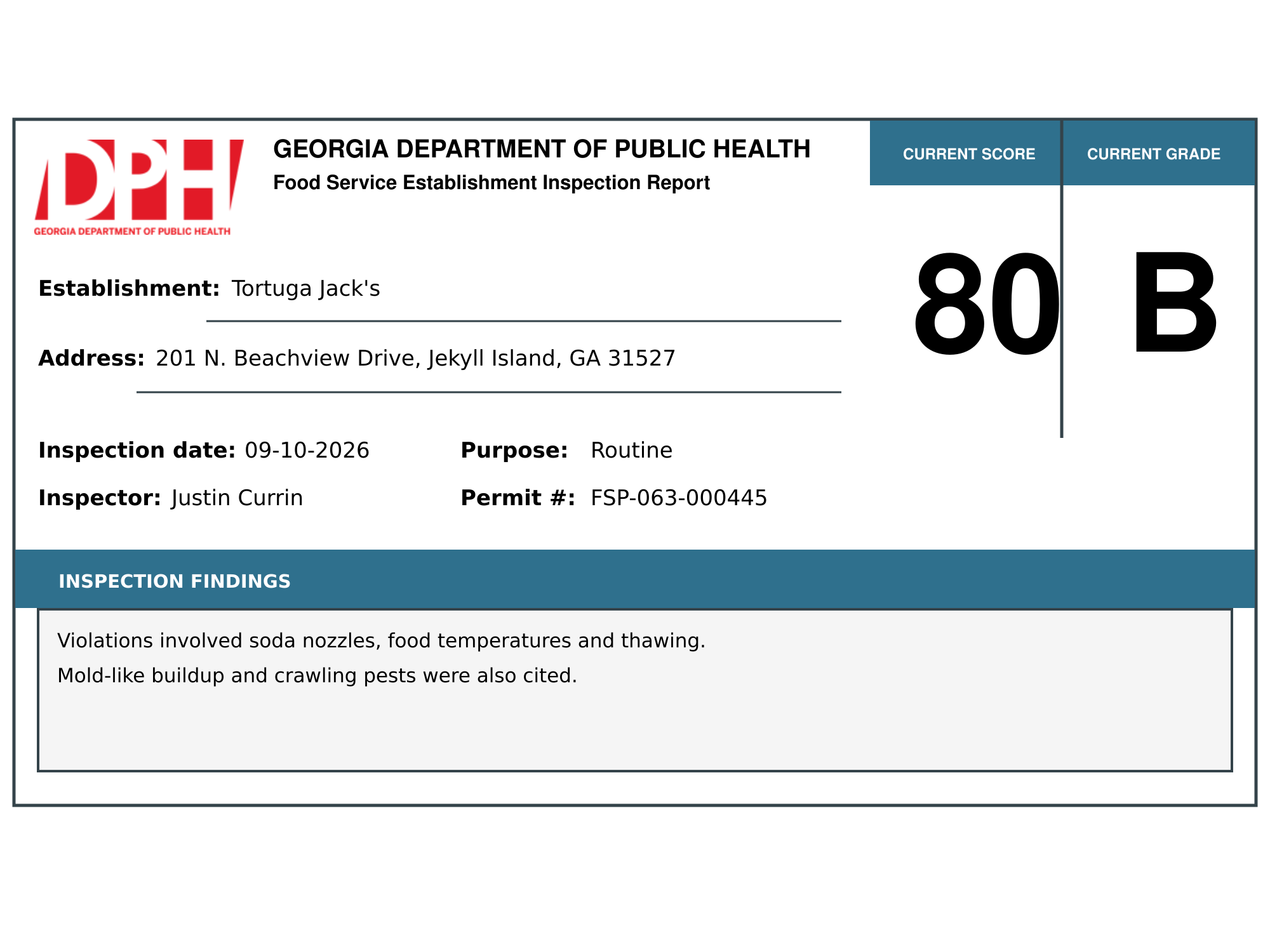 Georgia DPH food service inspection report for Tortuga Jack's showing a score of 80.