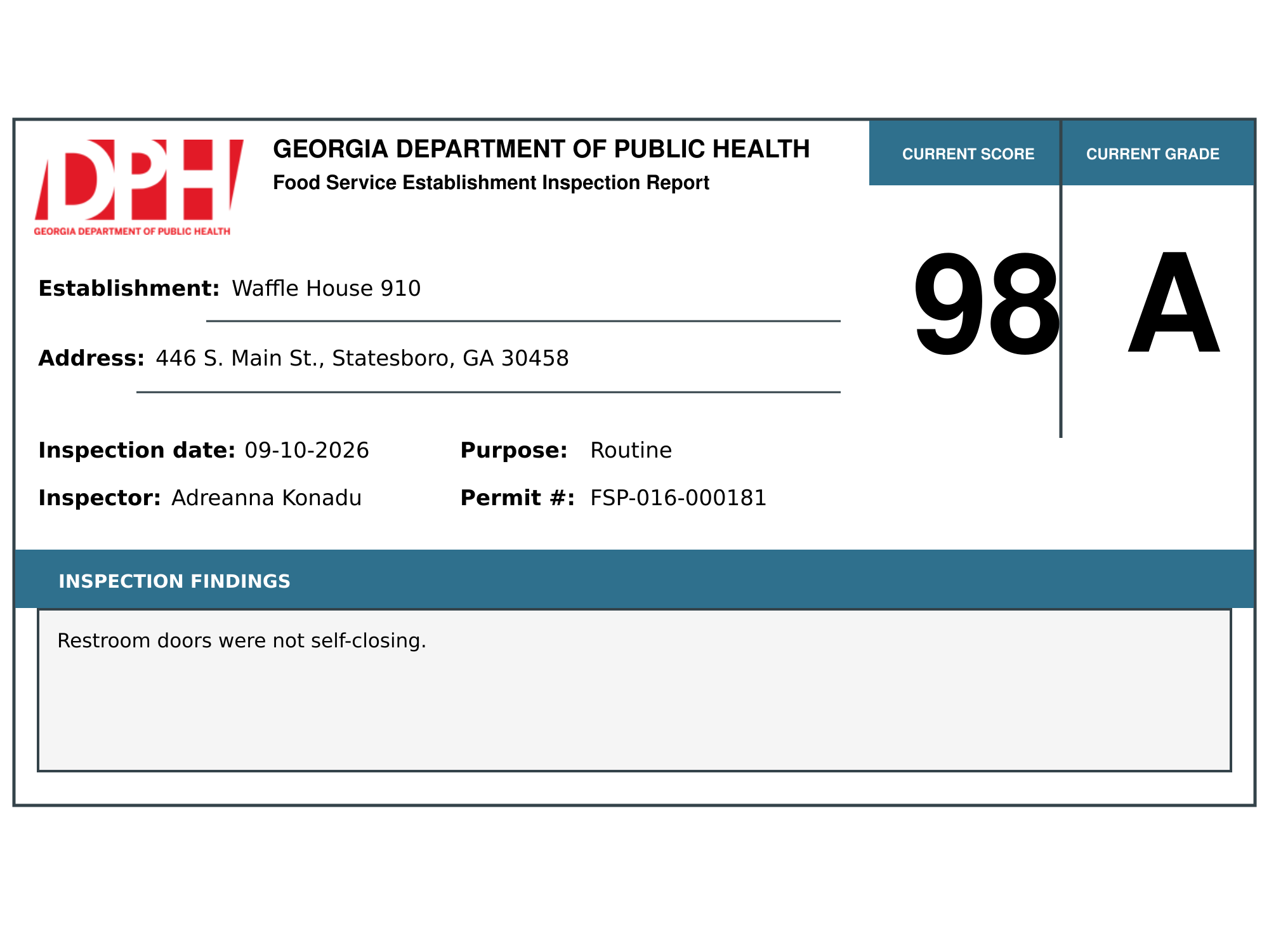 Georgia DPH food service inspection report for Waffle House 910 showing a score of 98.