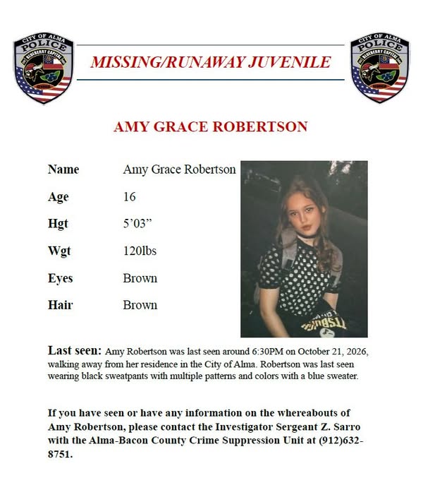 Alma Police missing juvenile flyer for 16-year-old Amy Grace Robertson, last seen October 21, 2026.