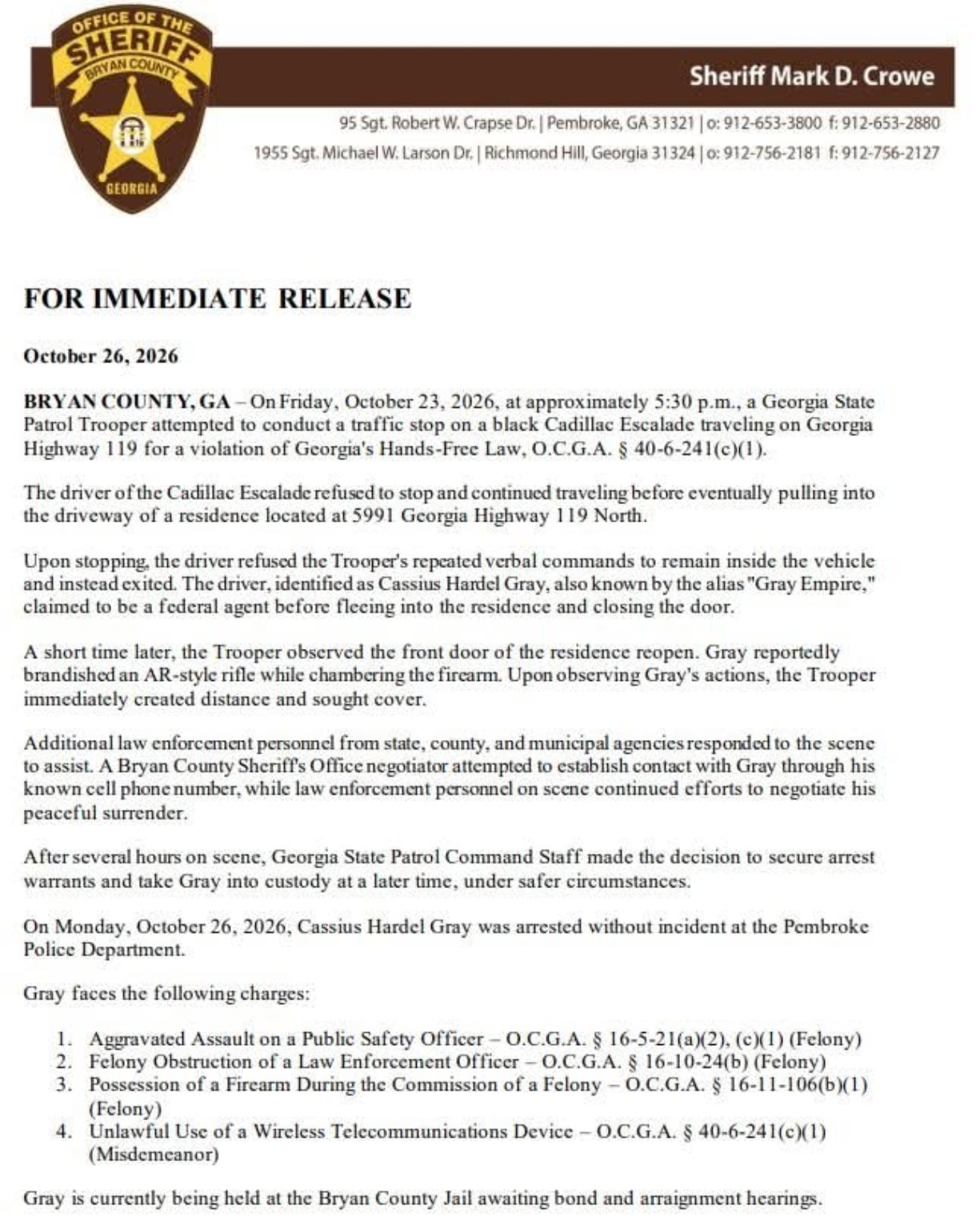 Bryan County Sheriff's Office October 26, 2026, release detailing the arrest and charges against Cassius Hardel Gray.