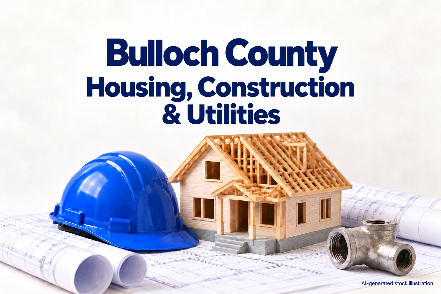 AI-generated illustration: AI-generated stock illustration of blue hard hat, model house frame, plans and pipe fitting. The Bulloch County title identifies the editorial topic pool, not an actual depicted location or event. Created using OpenAI image generation on 2026-10-04; approved by the owner for the Bulloch County Housing, construction and utilities fallback pool only. Original Library version 0. No actual people, named facility, agency or documented incident is depicted.. Illustration credit: News Now Georgia / OpenAI-generated illustration.