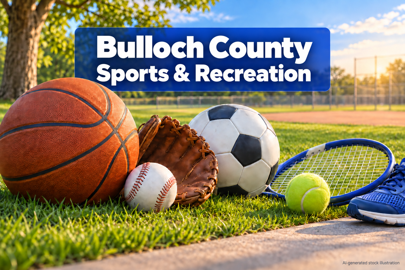 AI-generated illustration: AI-generated stock illustration of sports balls, a baseball glove, tennis racket and shoes beside a generic playing field. The Bulloch County title identifies the editorial topic pool, not an actual depicted location or event. Created using OpenAI image generation on 2026-10-04; approved by the owner for the Bulloch County Sports and recreation fallback pool only. Original Library version 0. No actual people, named facility, agency or documented incident is depicted.. Illustration credit: News Now Georgia / OpenAI-generated illustration.