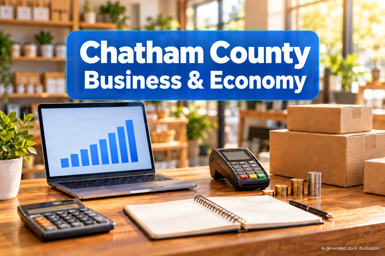 AI-generated illustration: AI-generated stock illustration of laptop chart, payment terminal, packages, coins, calculator and notebook in a generic shop. The Chatham County title identifies the editorial topic pool, not an actual depicted location or event. Created using OpenAI image generation on 2026-10-04; approved by the owner for the Chatham County Business and economy fallback pool only. Original Library version 0. No actual people, named facility, agency or documented incident is depicted.. Illustration credit: News Now Georgia / OpenAI-generated illustration.