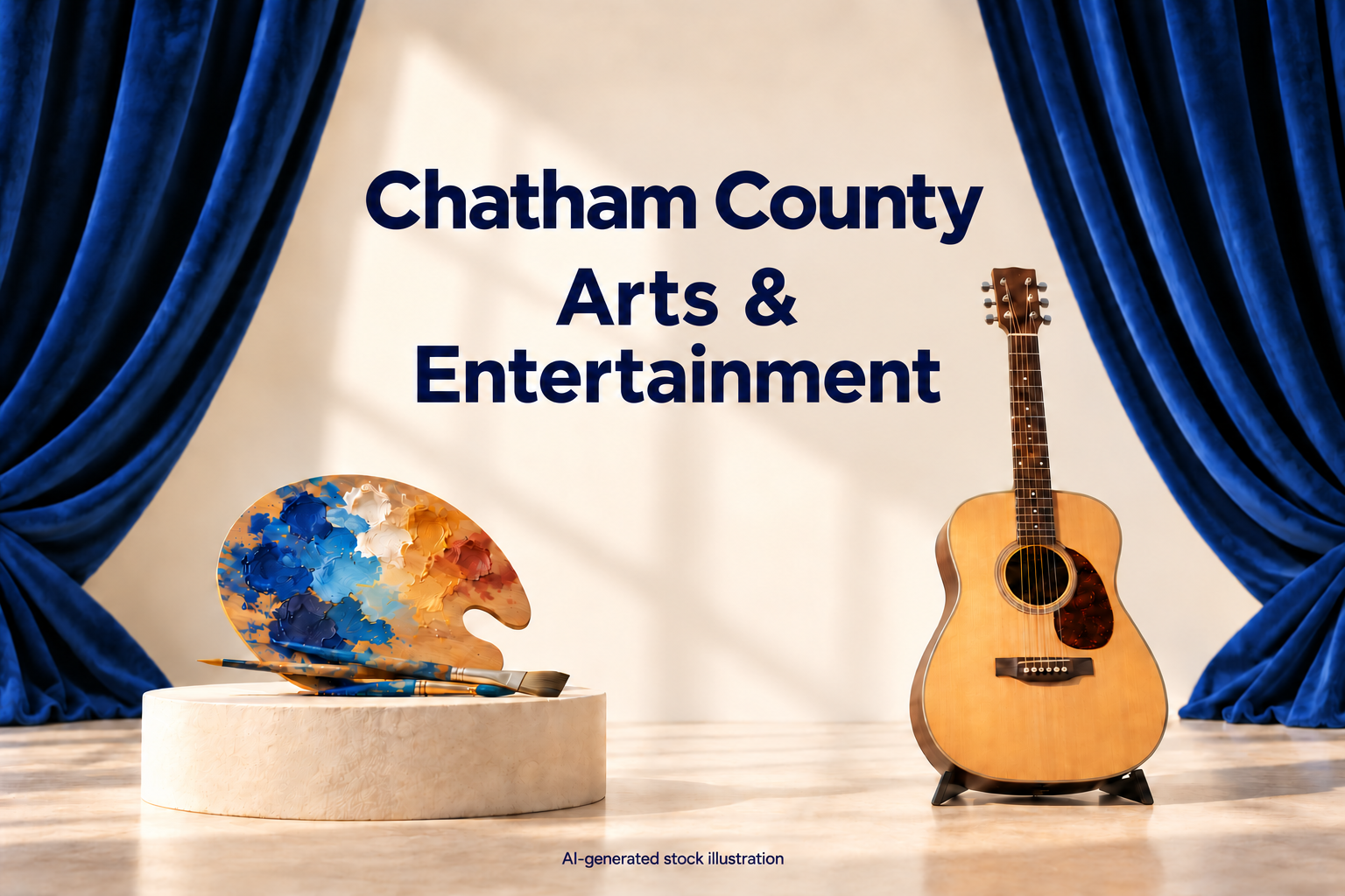 AI-generated illustration: AI-generated stock illustration of artist palette and guitar framed by theater curtains. The Chatham County title identifies the editorial topic pool, not an actual depicted location or event. Created using OpenAI image generation on 2026-10-04; approved by the owner for the Chatham County Arts and entertainment fallback pool only. Original Library version 0. No actual people, named facility, agency or documented incident is depicted.. Illustration credit: News Now Georgia / OpenAI-generated illustration.