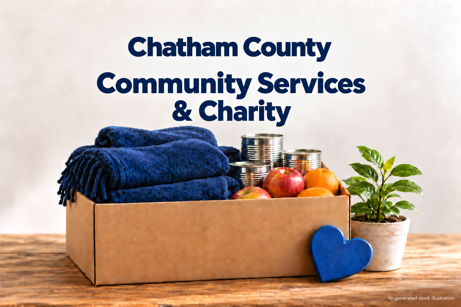 AI-generated illustration: AI-generated stock illustration of donation box with blankets, canned food and fruit. The Chatham County title identifies the editorial topic pool, not an actual depicted location or event. Created using OpenAI image generation on 2026-10-04; approved by the owner for the Chatham County Community services and charity fallback pool only. Original Library version 0. No actual people, named facility, agency or documented incident is depicted.. Illustration credit: News Now Georgia / OpenAI-generated illustration.