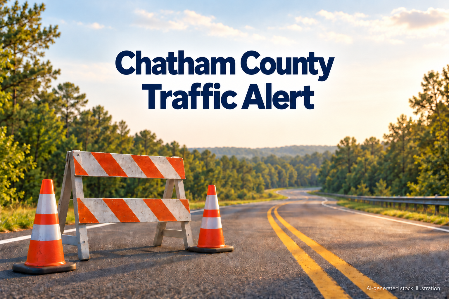 AI-generated illustration: AI-generated stock illustration of road barricade and traffic cones on a generic curving road. The Chatham County title identifies the editorial topic pool, not an actual depicted location or event. Created using OpenAI image generation on 2026-10-04; approved by the owner for the Chatham County Traffic and roads fallback pool only. Original Library version 0. No actual people, named facility, agency or documented incident is depicted.. Illustration credit: News Now Georgia / OpenAI-generated illustration.