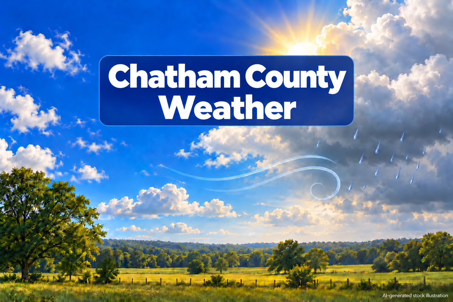 AI-generated illustration: AI-generated stock illustration of sun, clouds, stylized rain and wind over a generic rural landscape. The Chatham County title identifies the editorial topic pool, not an actual depicted location or event. Created using OpenAI image generation on 2026-10-04; approved by the owner for the Chatham County Weather fallback pool only. Original Library version 0. No actual people, named facility, agency or documented incident is depicted.. Illustration credit: News Now Georgia / OpenAI-generated illustration.