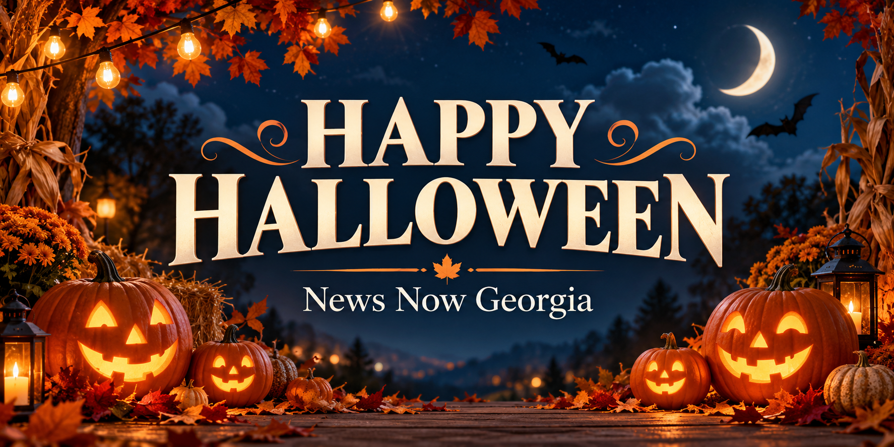 Happy Halloween from News Now Georgia, surrounded by glowing pumpkins, autumn leaves and warm lights against a midnight-blue sky.