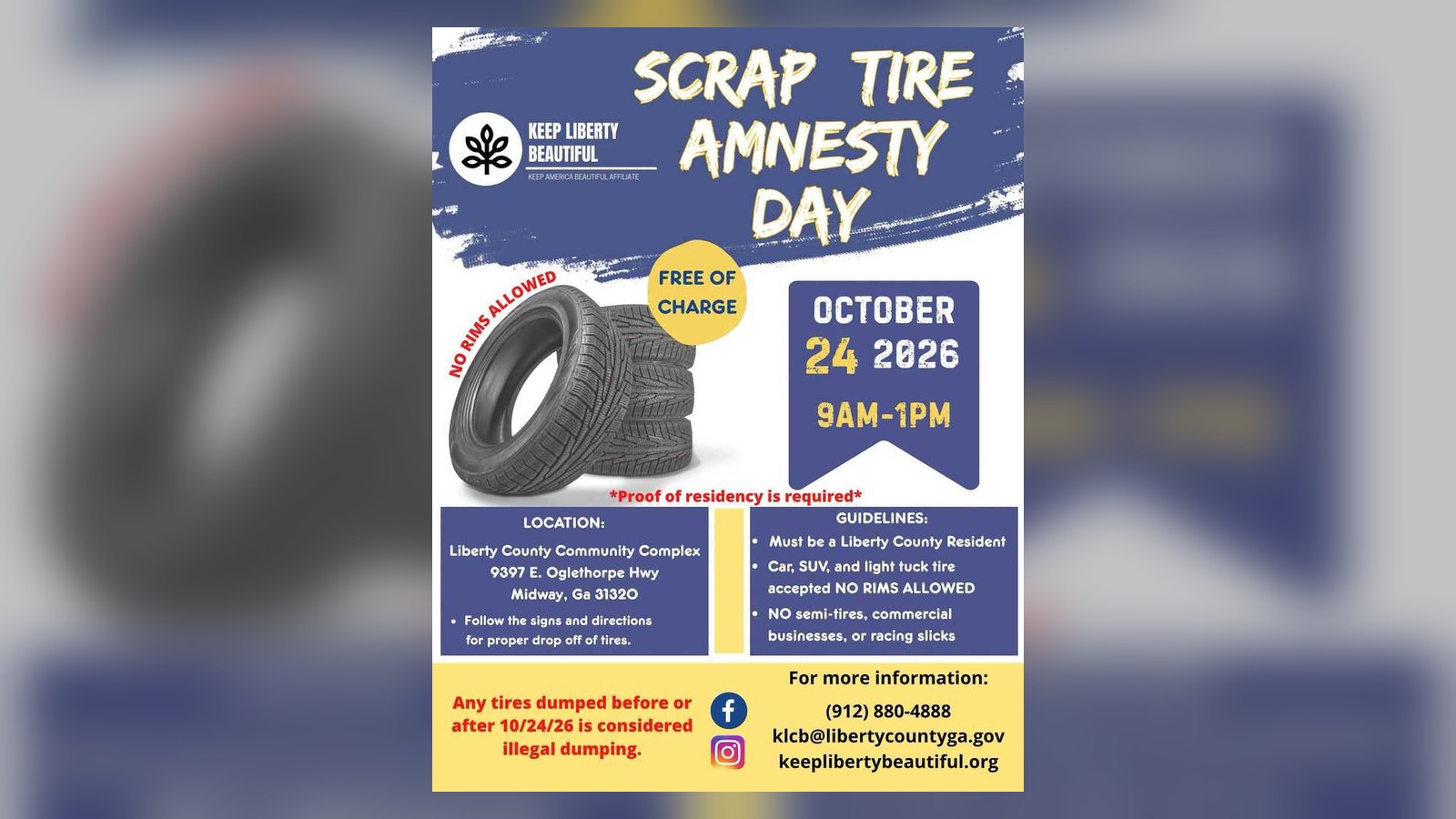 Keep Liberty Beautiful flyer for Scrap Tire Amnesty Day on October 24, 2026, with event hours, location, and tire drop-off guidelines.