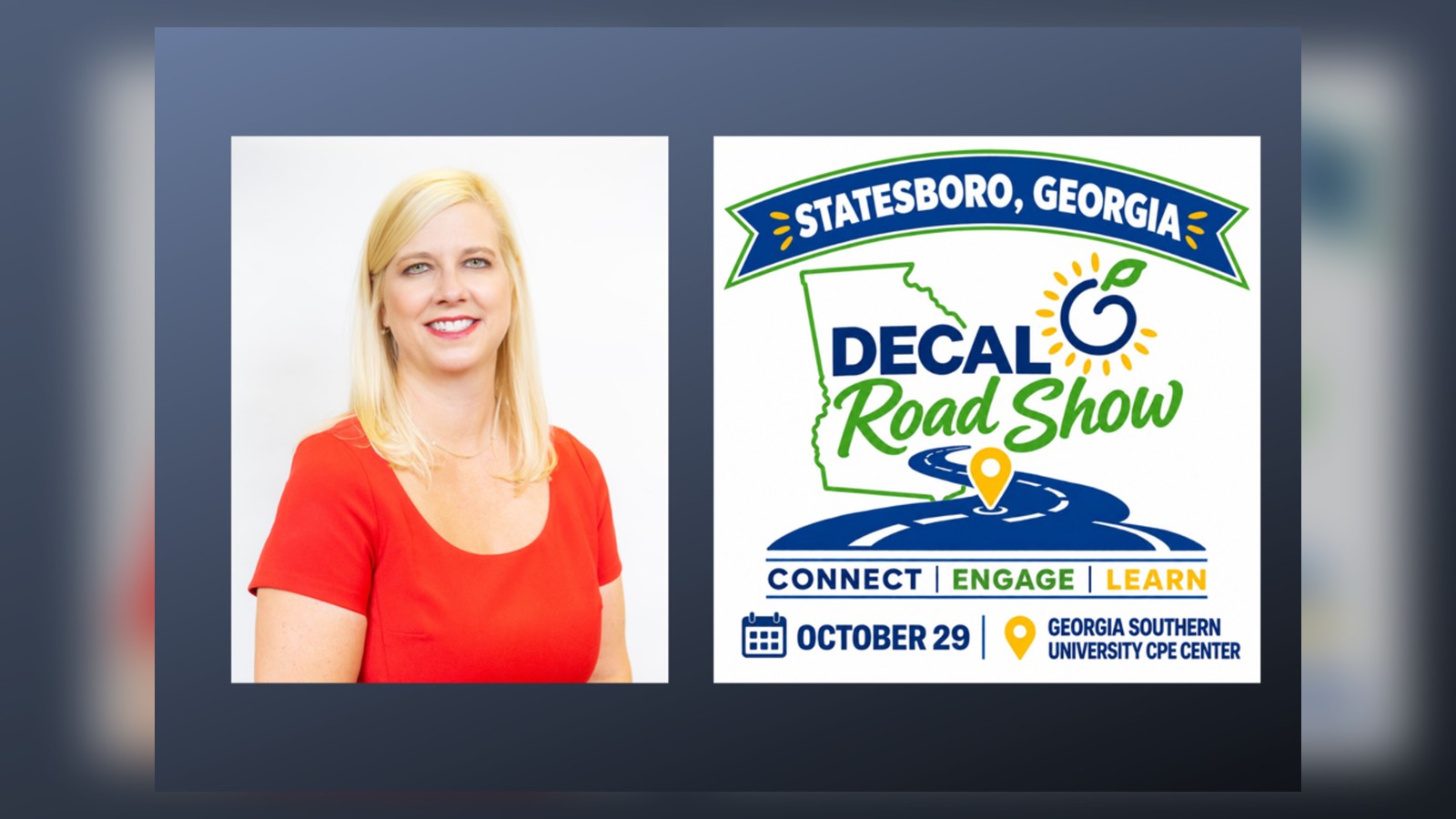 DECAL Commissioner Amy M. Jacobs beside a Statesboro DECAL Road Show flyer for October 29 at Georgia Southern University CPE Center.