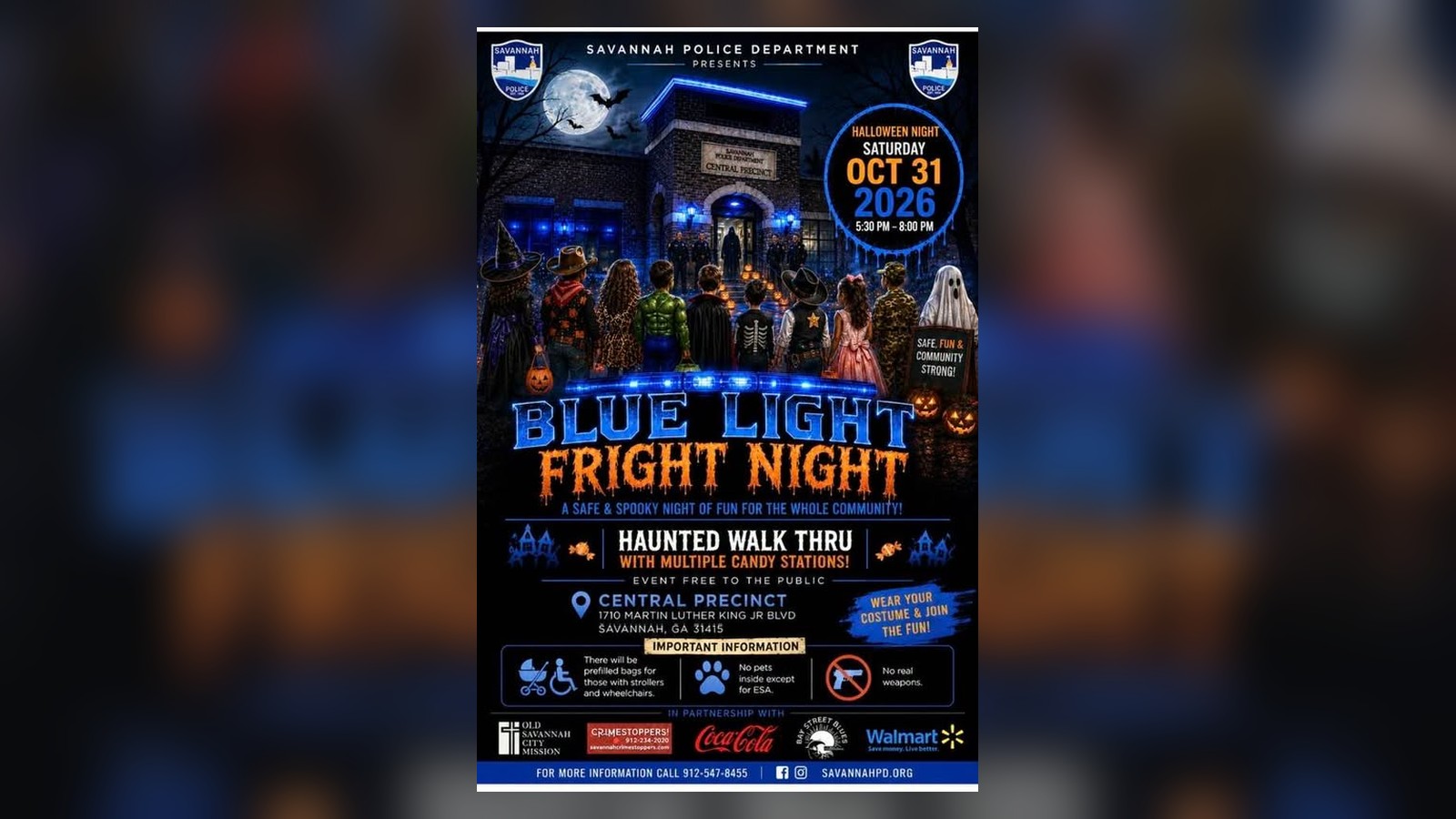 Savannah Police Department Blue Light Fright Night flyer advertising the free Halloween event on October 31, 2026, at the Central Precinct.