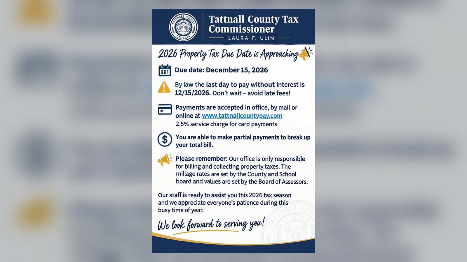 Official Tattnall County Tax Commissioner notice about 2026 property tax bills, the December 15 due date, payment options, and late fees.