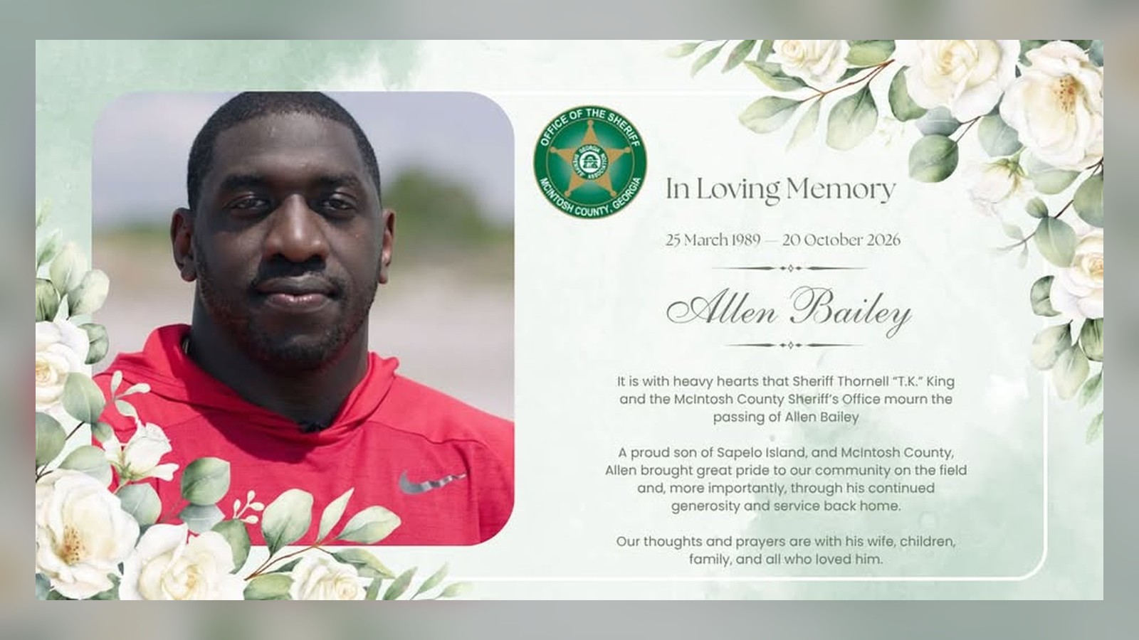 McIntosh County Sheriff’s Office memorial for Allen Bailey, featuring his portrait and a message of remembrance.