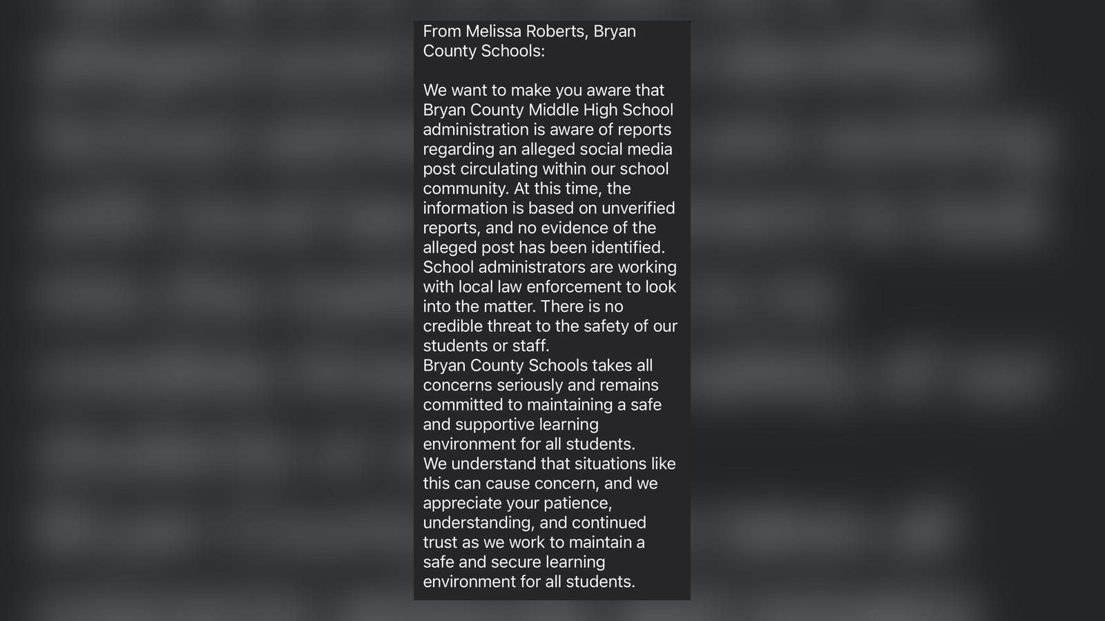 Text of a message attributed to Bryan County Schools stating that reports of a social media post are unverified and that there is no credible threat to student or staff safety.
