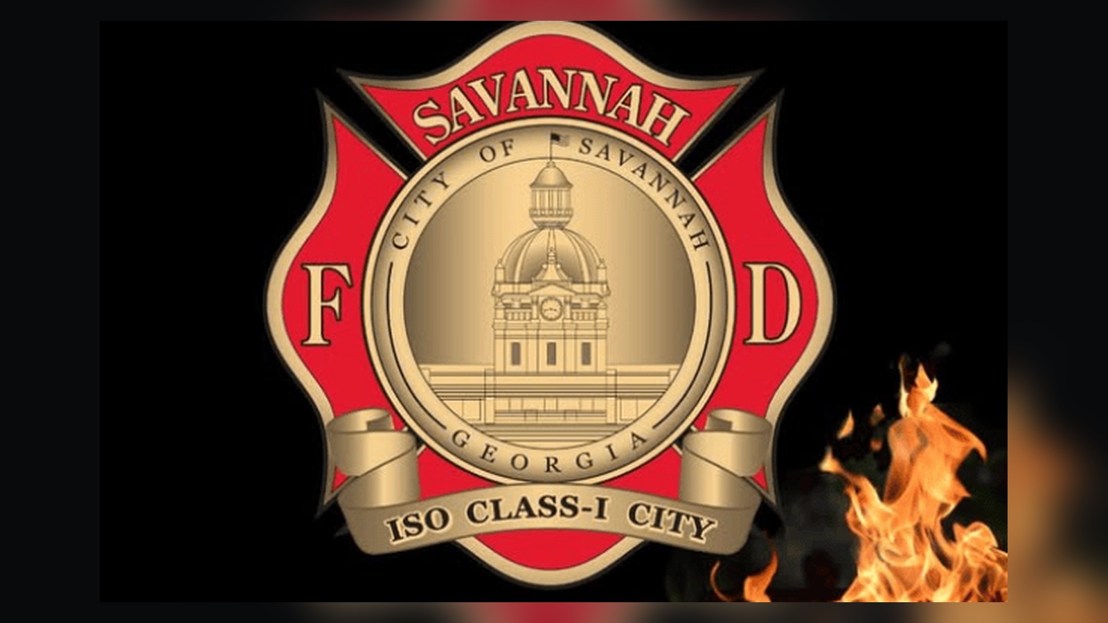 Savannah Fire Department emblem with flames, used to represent the department responding to a residential fire.