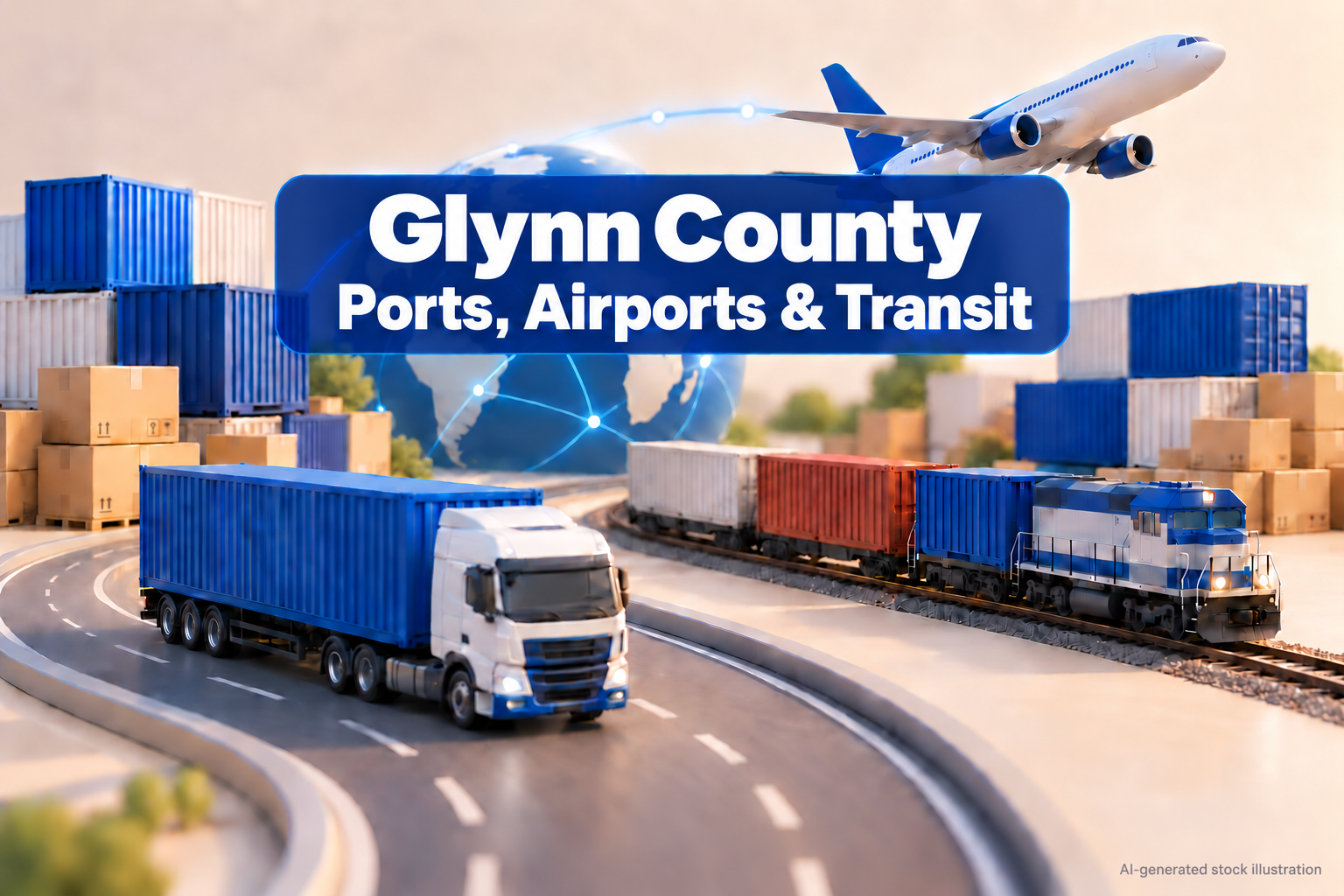 AI-generated illustration: AI-generated stock illustration of truck, freight train, containers, aircraft and stylized globe. The Glynn County title identifies the editorial topic pool, not an actual depicted location or event. Created using OpenAI image generation on 2026-10-04; approved by the owner for the Glynn County Ports, airports and transit fallback pool only. Original Library version 0. No actual people, named facility, agency or documented incident is depicted.. Illustration credit: News Now Georgia / OpenAI-generated illustration.