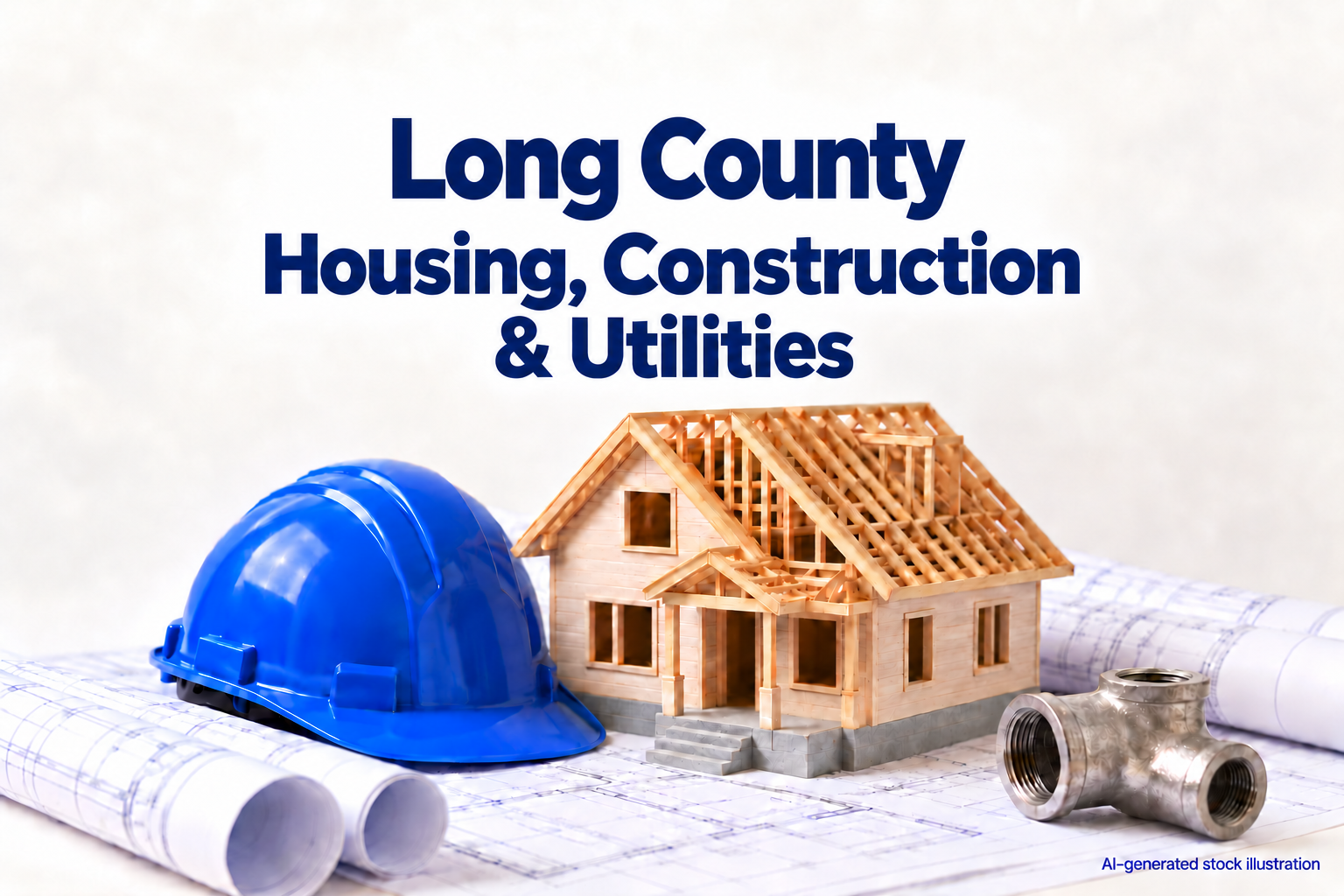 AI-generated illustration: AI-generated stock illustration of blue hard hat, model house frame, plans and pipe fitting. The Long County title identifies the editorial topic pool, not an actual depicted location or event. Created using OpenAI image generation on 2026-10-04; approved by the owner for the Long County Housing, construction and utilities fallback pool only. Original Library version 0. No actual people, named facility, agency or documented incident is depicted.. Illustration credit: News Now Georgia / OpenAI-generated illustration.