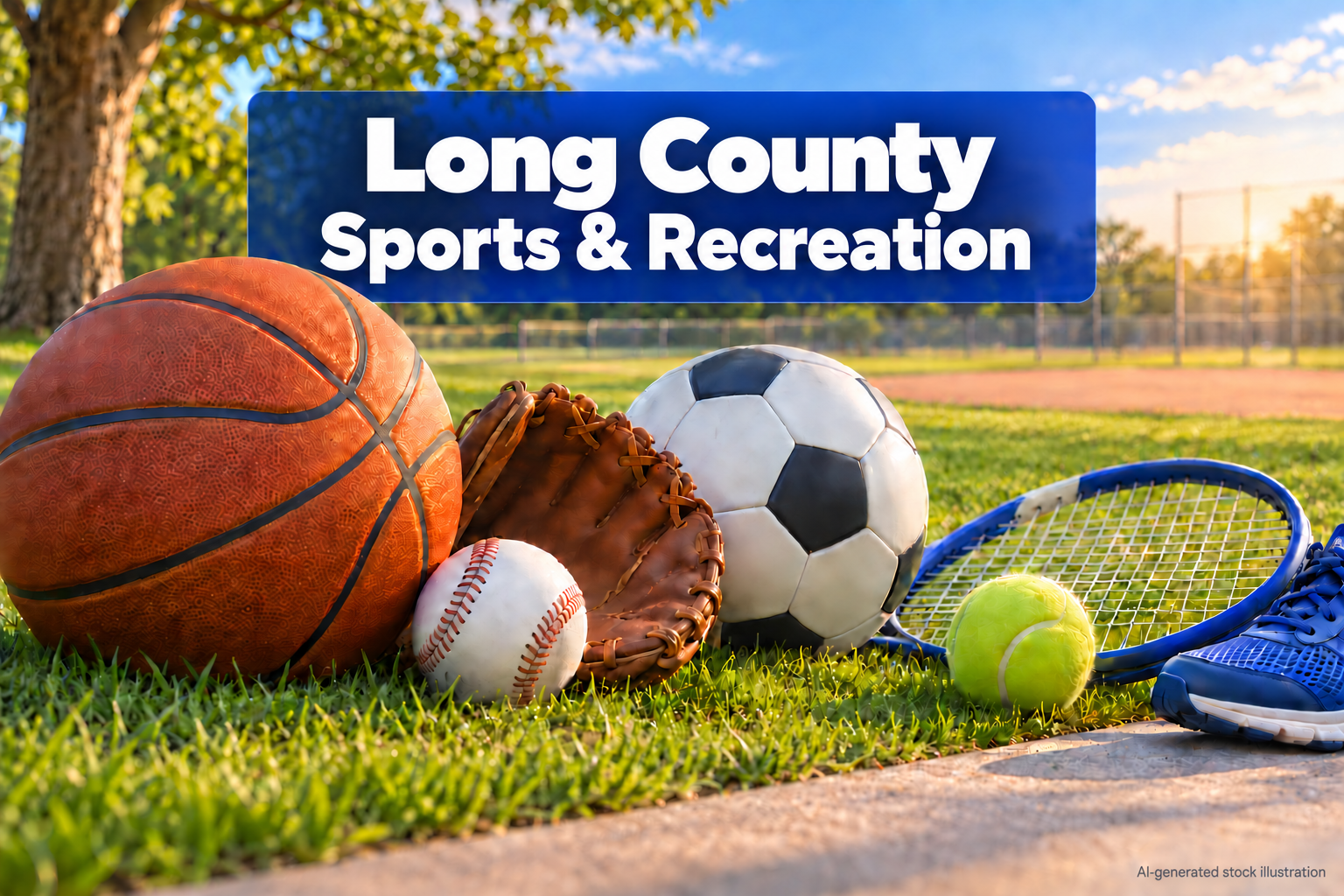 AI-generated illustration: AI-generated stock illustration of basketball, baseball and glove, soccer ball, tennis racket and ball, and a running shoe on a generic sports field. The Long County title identifies the editorial topic pool, not an actual depicted location or event. Created using OpenAI image generation on 2026-10-04; approved by the owner for the Long County Sports and recreation fallback pool only. Original Library version 0. No actual people, named facility, agency or documented incident is depicted.. Illustration credit: News Now Georgia / OpenAI-generated illustration.